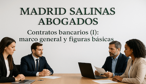 Reunión profesional sobre contratos bancarios en Madrid Salinas Abogados, con el rótulo en verde oscuro sobre fondo blanco.