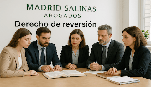 Equipo jurídico revisando una donación familiar con el rótulo “Madrid Salinas Abogados” en verde oscuro sobre fondo blanco.