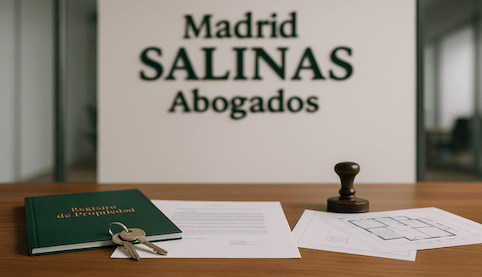 Derechos reales y posesión: profesional revisando títulos y llaves sobre contrato, rótulo ‘Madrid Salinas Abogados’ en verde oscuro.