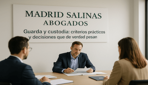 Reunión profesional sobre guarda y custodia; equipo jurídico revisa documentación con rótulo Madrid Salinas Abogados