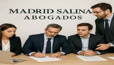 Reunión empresarial con asesor en Madrid Salinas Abogados; al fondo, el rótulo en verde oscuro sobre fondo blanco.