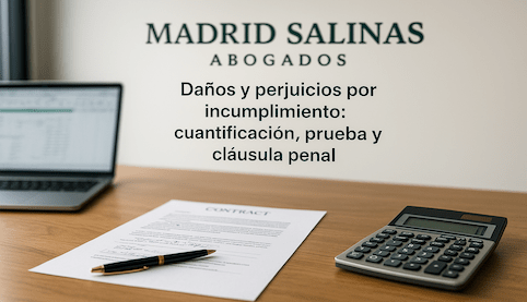 “Mesa de despacho con contrato y calculadora, rótulo Madrid Salinas Abogados al fondo”.