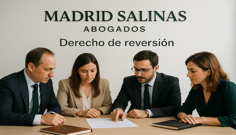 Equipo jurídico analizando derecho de reversión; rótulo “Madrid Salinas Abogados” en verde oscuro sobre fondo blanco.