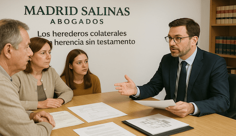 “Abogado explicando a hermanos y sobrinos el reparto de una herencia sin testamento entre herederos colaterales"