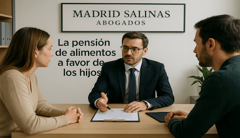 Abogado de familia asesorando a unos padres separados sobre la pensión de alimentos de sus hijos en un despacho jurídico