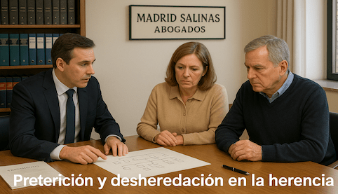 Abogado explicando a una familia la preterición y la desheredación en una herencia en el despacho de Madrid Salinas Abogados.