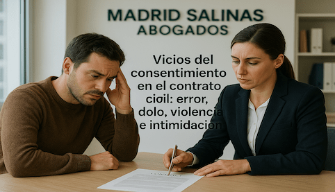 Abogado explicando a un cliente los vicios del consentimiento en un contrato civil en Madrid Salinas Abogados