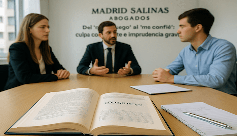 “Reunión jurídica con Código Penal abierto para explicar culpa consciente e imprudencia grave en Madrid Salinas Abogados.”