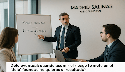 Abogado explicando el dolo eventual y su diferencia con la imprudencia en una reunión jurídica.
