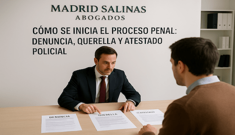 Abogado de Madrid Salinas Abogados explicando a un cliente la diferencia entre denuncia, querella y atestado policial