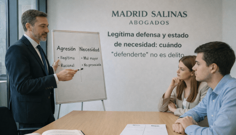 Abogado asesorando a clientes sobre legítima defensa y estado de necesidad en Derecho penal.