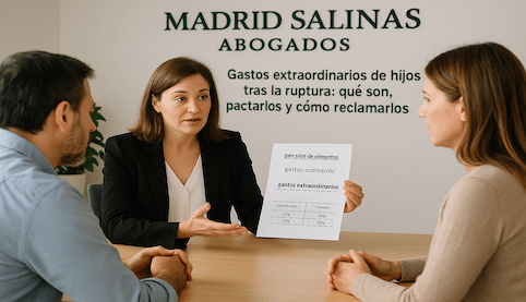 Abogada de Madrid Salinas Abogados explicando a unos progenitores el reparto de los gastos extraordinarios de sus hijos tras la ruptura