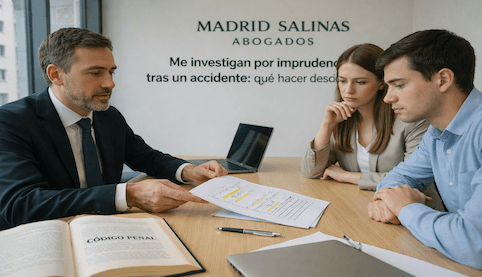Abogado reuniéndose con clientes para asesorar sobre una investigación penal por imprudencia tras un accidente