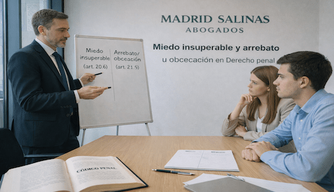 Abogado explicando el miedo insuperable y el arrebato u obcecación a dos clientes en una reunión en Madrid Salinas Abogados
