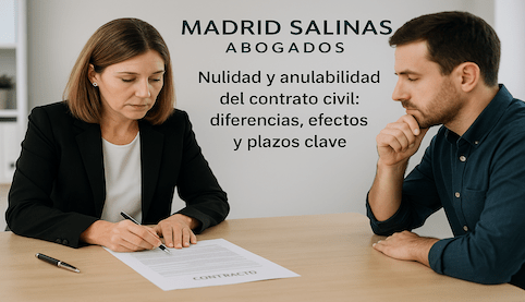 Abogado de Madrid Salinas Abogados revisando con su cliente la nulidad o anulabilidad de un contrato civil