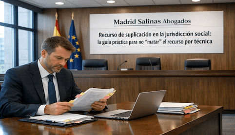 Abogado preparando un recurso de suplicación en una sala de justicia, con rótulo de Madrid Salinas Abogados.