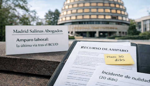 Documento de recurso de amparo laboral con Tribunal Constitucional al fondo y rótulo Madrid Salinas Abogados