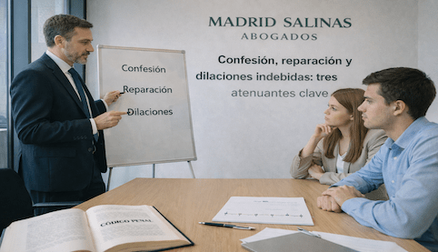 Abogado explicando confesión, reparación del daño y dilaciones indebidas como atenuantes del artículo 21 del Código Penal.