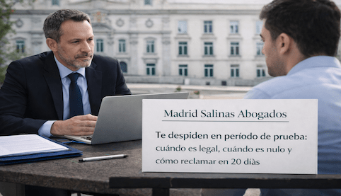 “Abogado laboralista asesorando a cliente tras despido en período de prueba, con el Tribunal Supremo al fondo – Madrid Salinas Abogados”.