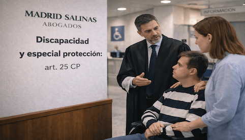 Edificio judicial con señalética de accesibilidad y abogado asesorando, para ilustrar la discapacidad y la especial protección del art. 25 CP.”