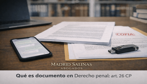 “Smartphone y documentos sobre una mesa de trabajo jurídica, ilustrando la prueba documental del art. 26 del Código Penal.”