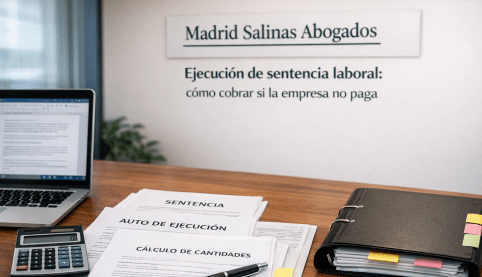 Documentos de sentencia y ejecución en mesa de despacho para cobrar una sentencia laboral Madrid Salinas Abogados