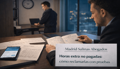 Abogado asesorando sobre horas extra no pagadas con registro horario y documentos – Madrid Salinas Abogados