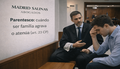 Pasillo de juzgados con abogado y cliente, ilustrando el parentesco como circunstancia mixta del artículo 23 del Código Penal.