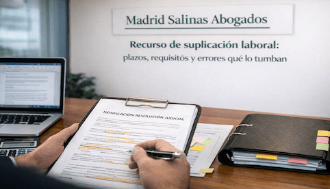 “Abogado laboral preparando un recurso de suplicación laboral con plazos y requisitos en un despacho – Madrid Salinas Abogados”