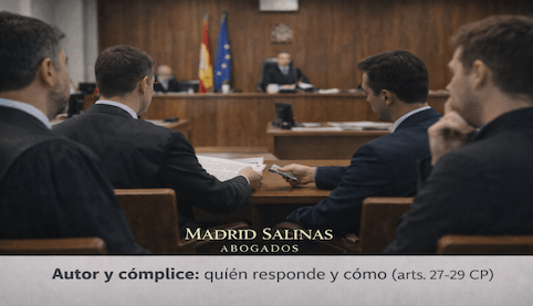 “Sala de vistas con juez, fiscal y partes, ilustrando la diferencia entre autor, inductor, cooperador necesario y cómplice (arts. 27 a 29 CP).”