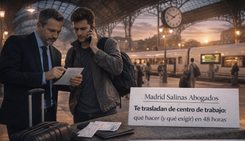 Abogado asesorando a trabajador ante traslado de centro de trabajo y derechos de movilidad geográfica (art. 40 ET).