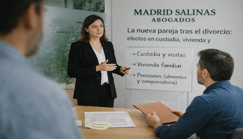 Abogada de Madrid Salinas Abogados asesorando a un cliente sobre cómo la nueva pareja tras el divorcio afecta a la custodia de los hijos, la vivienda familiar y las pensiones