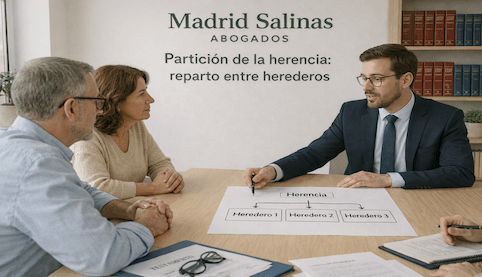 Abogado de Madrid Salinas Abogados explicando a varios herederos un esquema de partición de la herencia en una reunión