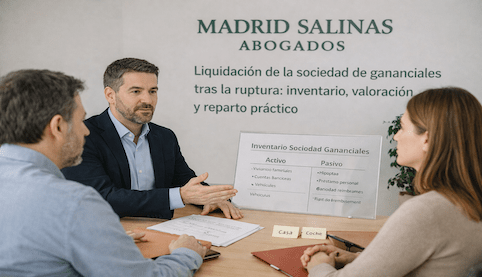 Reunión en despacho de abogados donde un letrado explica a una pareja cómo liquidar la sociedad de gananciales tras el divorcio