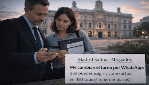 Abogado y clienta revisan un cambio de turno comunicado por WhatsApp frente a un edificio judicial – Madrid Salinas Abogados.