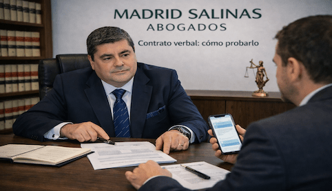 Abogado de Madrid Salinas Abogados revisando con un cliente mensajes y transferencias para probar un contrato verbal