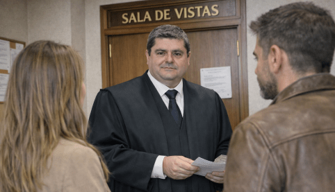 Abogado penalista de Madrid Salinas Abogados con toga española asesorando a clientes antes de entrar en sala en juzgado de Sevilla