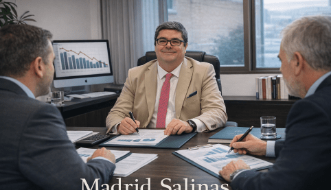 Abogado asesorando a empresarios sobre ampliación de capital en sociedad limitada durante reunión empresarial.