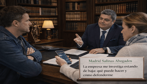 Abogado en consulta con clientes sobre investigación empresarial durante baja médica en despacho con librería jurídica Madrid Salinas Abogados