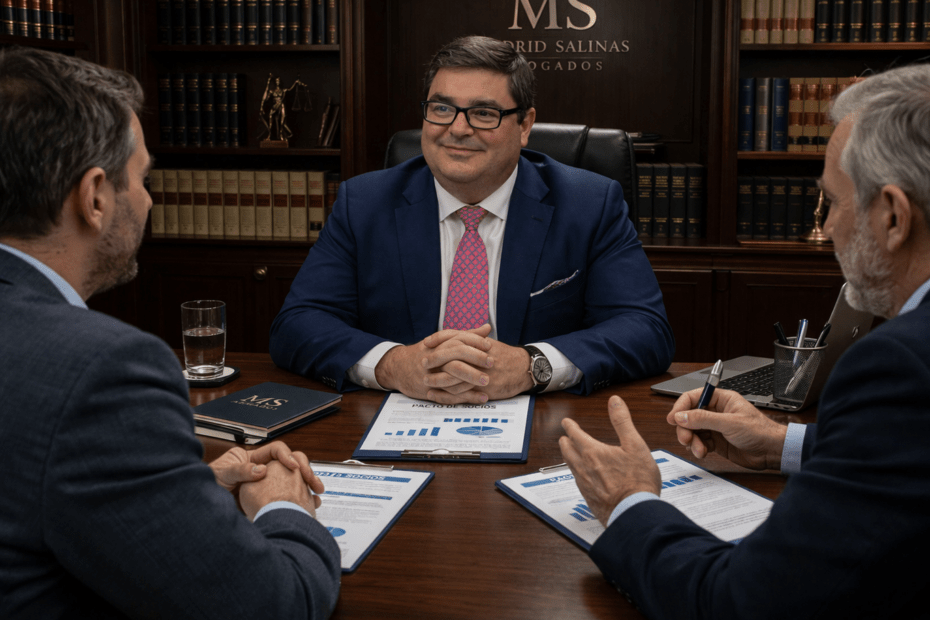 Abogado asesorando a socios sobre pacto de socios en sociedad limitada en reunión empresarial.