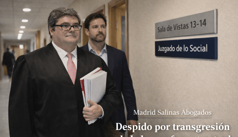 Abogado con cliente en juzgado de lo social antes de juicio por despido disciplinario