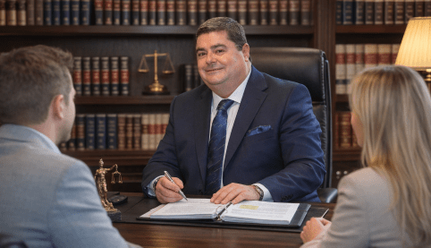 Abogado de Madrid Salinas Abogados reunido con dos clientes en el despacho, con librería jurídica al fondo, en una consulta sobre asuntos de derecho civil.
