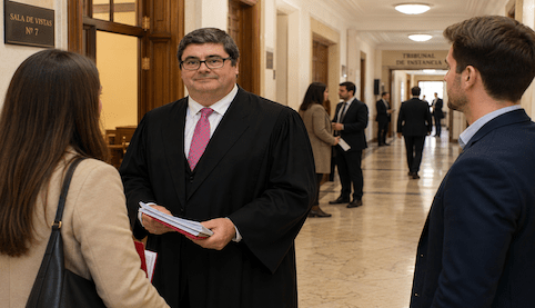 Abogado penalista en Sevilla atendiendo a clientes en el pasillo de un Tribunal de Instancia antes de una declaración como investigado.
