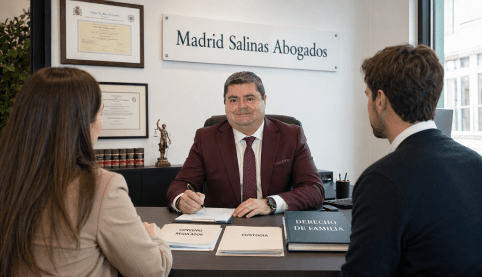 Abogado de Madrid Salinas Abogados asesorando a una pareja antes de firmar un convenio regulador sobre custodia, pensión de alimentos y vivienda familiar.