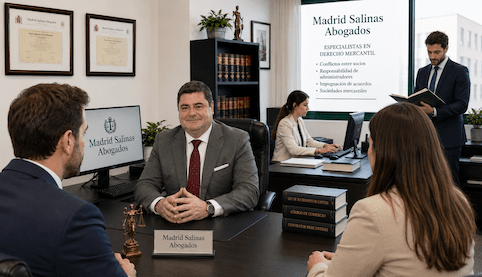 Abogado mercantil en Sevilla reunido con socios en el despacho para analizar un conflicto societario y la responsabilidad del administrador.
