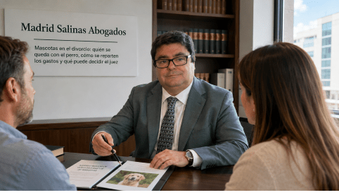 Abogado de familia de Madrid Salinas Abogados reunido con clientes en el despacho para asesorar sobre quién se queda con el perro en el divorcio y cómo se reparten los gastos de la mascota.