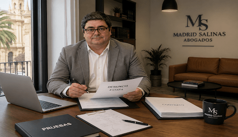 Abogado penalista en Sevilla revisando una denuncia por estafa y documentación contractual en el despacho Madrid Salinas Abogados.
