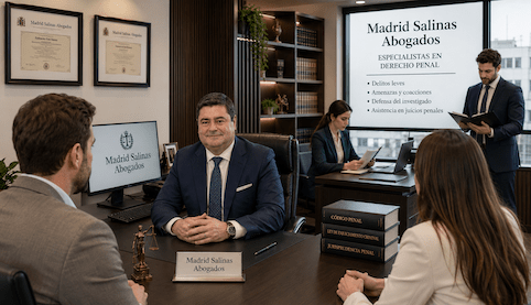 Abogado penalista en Sevilla reunido con clientes en el despacho para preparar la defensa ante una citación por delito leve.