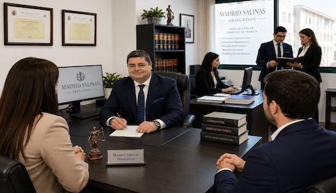 Abogado de familia en Sevilla atendiendo a clientes en el despacho para resolver el incumplimiento de un convenio regulador.