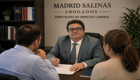 Juan Madrid Salinas reunido con clientes en Madrid Salinas Abogados asesorando sobre modificación de horario de trabajo y derechos laborales